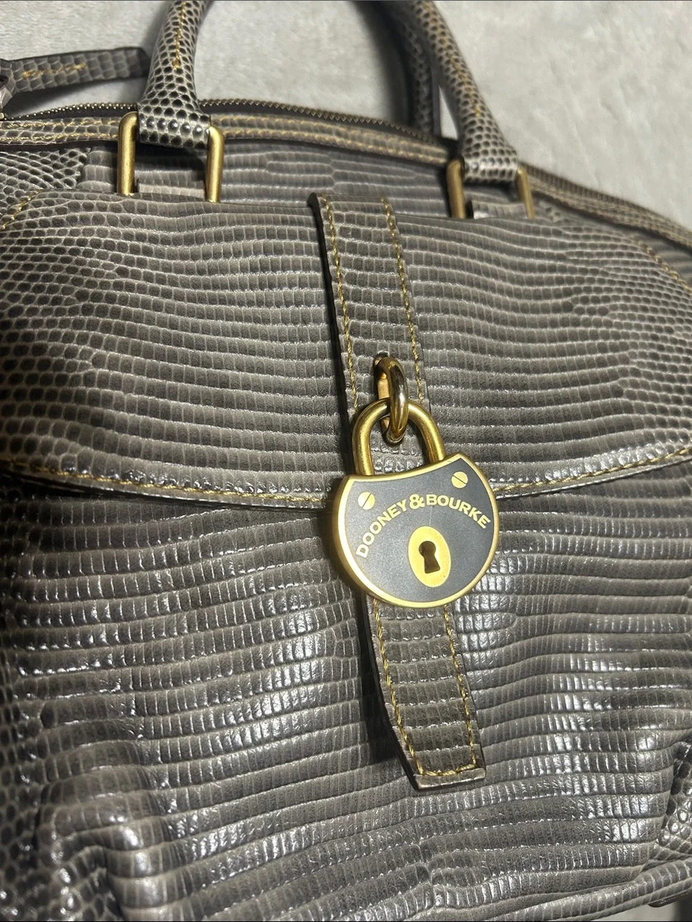 Dooney & Bourke Gray Lizard-Embossed Satchel with Gold Hardware